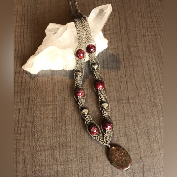 Handcrafted Dragons Blood Gemstone Beaded Macrame Necklace - Picture 3 of 12